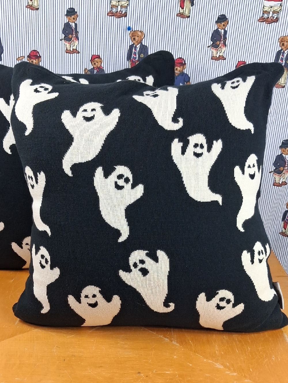 Lot Of 2 Mortar And Bone Mini Ghost Knit Black & White Halloween Throw Pillows - Picture 3 of 5